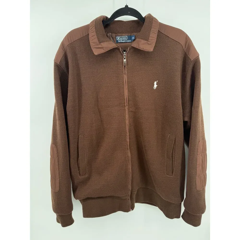 Vintage 90's Polo Ralph Lauren Mens Brown Knit Jacket Heritage Elbow Patch 2XL